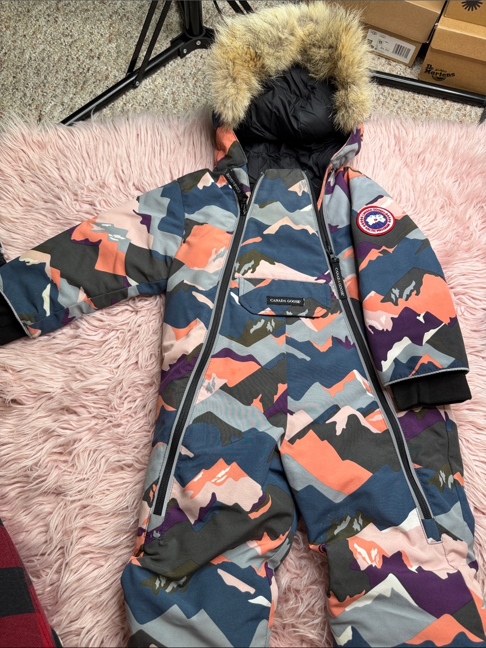 Canada Goose Kids Mountain Print Snowsuit in Navy, Coral, Purple, Gray, Cream